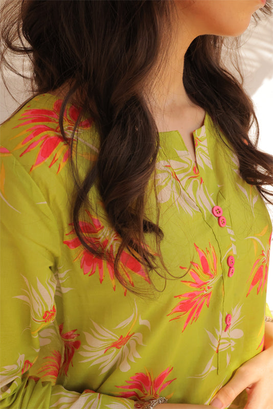 Lime Green Floral Lawn Printed Suit - 2PC